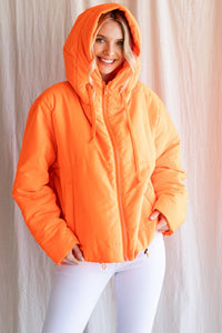 Neon Orange Solid Drawstring Puffer Jacket