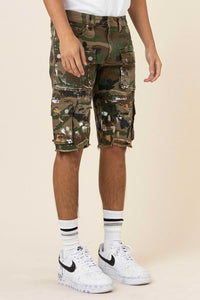 Camo Hand Painted Multi Cargo Black Denim Shorts