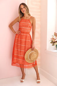 Mandarin Red Crochet Lace Midi Dress