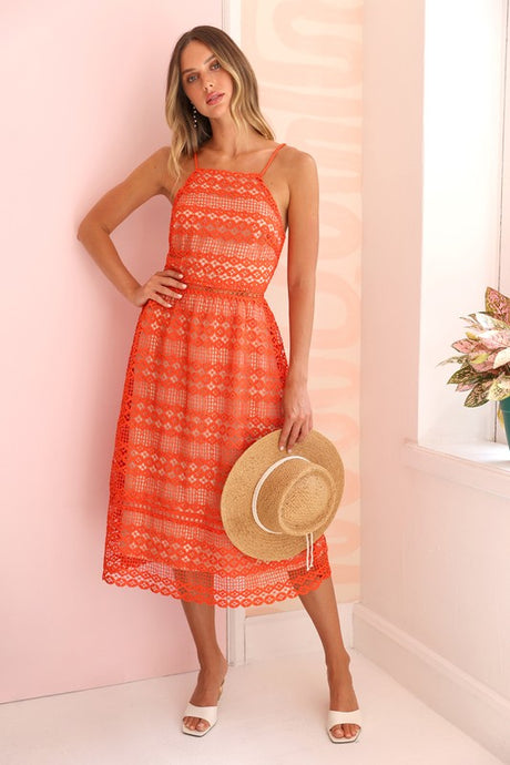 Mandarin Red Crochet Lace Midi Dress