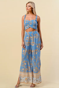 Blue Trendy Print Smocked Crop Top And Pant Set