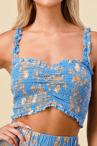 Blue Trendy Print Smocked Crop Top And Pant Set