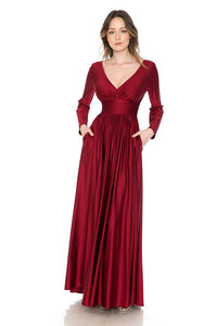 Dark Red Long Sleeve Ruched Top Shiny Pocketed Formal Dress