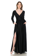 Black Long Sleeve Ruched Top Shiny Pocketed Formal Dress
