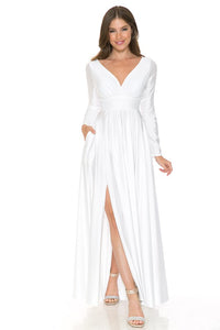 White Long Sleeve Ruched Top Shiny Pocketed Formal Dress