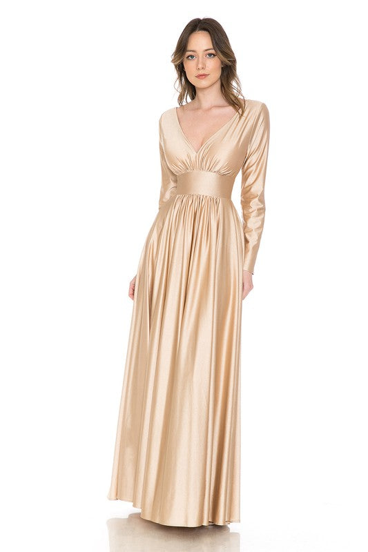 Champagne Gold Long Sleeve Ruched Top Shiny Pocketed Formal Dress