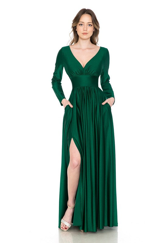 Green Long Sleeve Ruched Top Shiny Pocketed Formal Dress