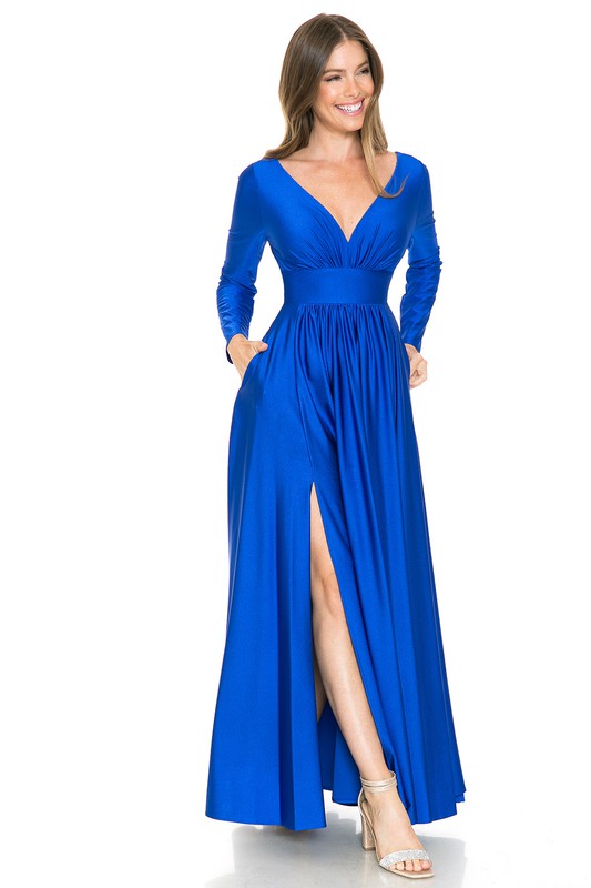 Blue Long Sleeve Ruched Top Shiny Pocketed Formal Dress