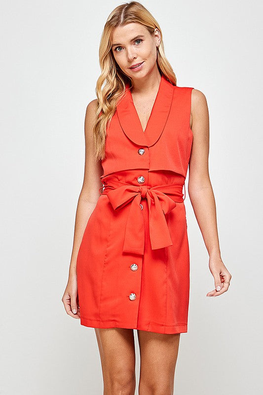 Red Sleeveless Blazer Look Mini Dress With Button Detail