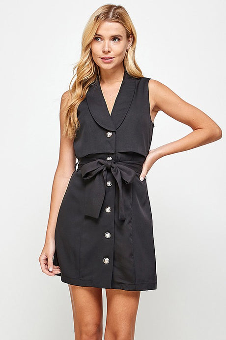 Black Sleeveless Blazer Look Mini Dress With Button Detail