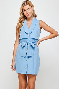Light Blue Sleeveless Blazer Look Mini Dress With Button Detail