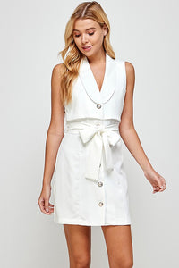 Off White Sleeveless Blazer Look Mini Dress With Button Detail