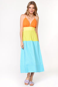 Tangerine-Blue Playa Colorblock Poplin Midi Dress