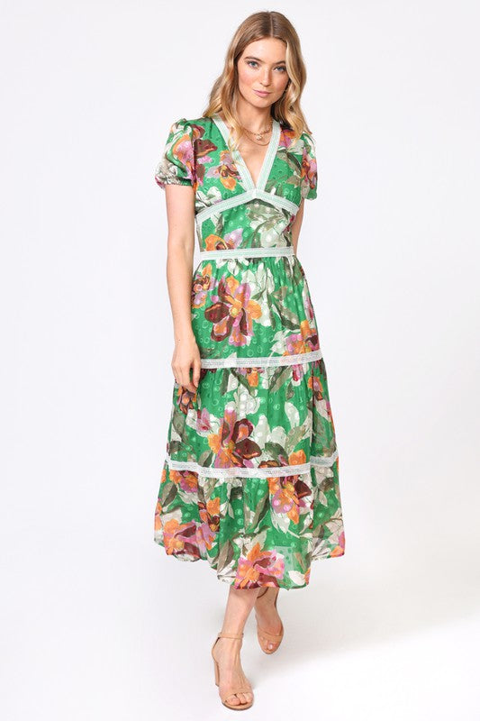 Kelly Green Lian Jacquard Printed Midi Dress