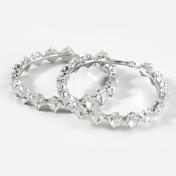 Silver Diamond Shape Rhinestone Hoop Earrings