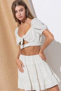 Floral Beige Front Tied Crop Bluse Top & Mini Skirt Set