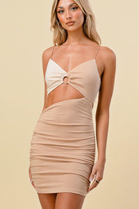 Sand/Cream Color Block Asymmetrical Keyhole Bodycon Dress – Aquarius Brand