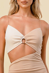 Sand/Cream Color Block Asymmetrical Keyhole Bodycon Dress