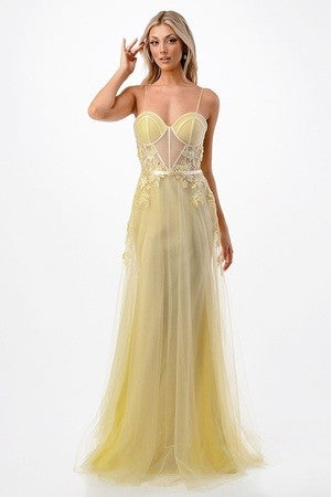Yellow Chiffon Sweetheart Strapless Sheer Qilllusion Prom Dress