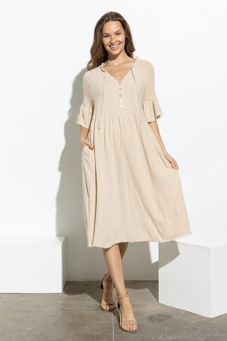 Beige V Neck Button Up Midi Dress With Self Tie