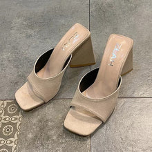 Beige Women Square Open Toe Mule High Heels Sandals