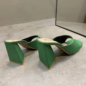 Green Square Open Toe Mule High Heels Sandals