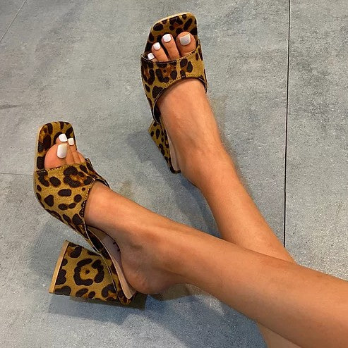 Leopard Grain Square Open Toe Mule High Heels Sandals