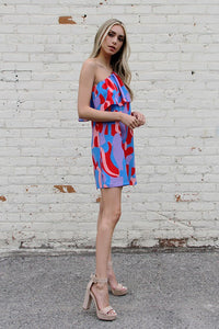 Blue Color Mixer Ruffle One Shoulder Mini Dress