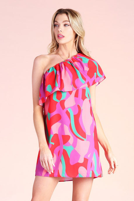 Green Color Mixer Ruffle One Shoulder Mini Dress