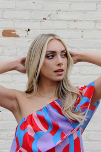 Blue Color Mixer Ruffle One Shoulder Mini Dress