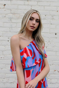 Blue Color Mixer Ruffle One Shoulder Mini Dress