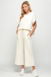 Cream Textured Cropped Wide Pants