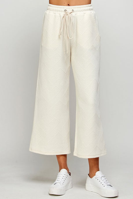 Cream Textured Cropped Wide Pants