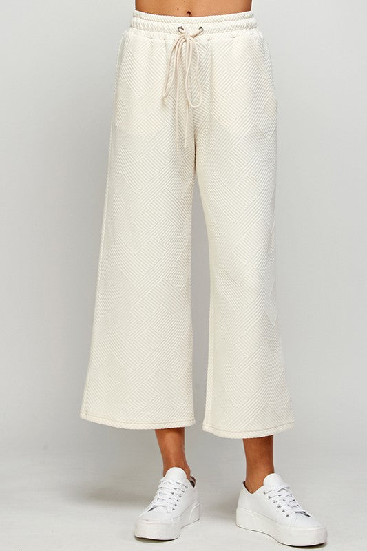 Cream Textured Cropped Wide Pants