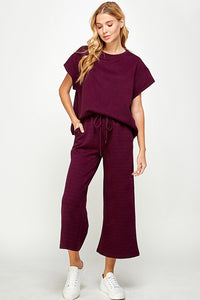 Burgundy Textured Cropped Wide Pants