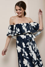 Navy Blue Tube Floral Print Maxi Dress