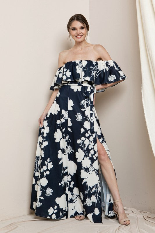 Navy Blue Tube Floral Print Maxi Dress