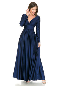 Dark Blue Long Sleeve Ruched Top Shiny Pocketed Formal Dress