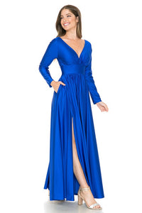 Blue Long Sleeve Ruched Top Shiny Pocketed Formal Dress