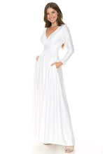 White Long Sleeve Ruched Top Shiny Pocketed Formal Dress