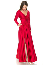Red Long Sleeve Ruched Top Shiny Pocketed Formal Dress