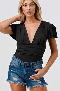 Black Fashion Space - Solid Ruffle Bodysuit
