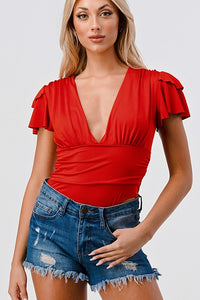Red Fashion Space - Solid Ruffle Bodysuit