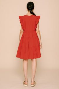 Red Solid V-neck Tiered Mini Dress