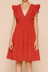 Red Solid V-neck Tiered Mini Dress