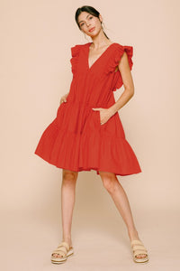Red Solid V-neck Tiered Mini Dress