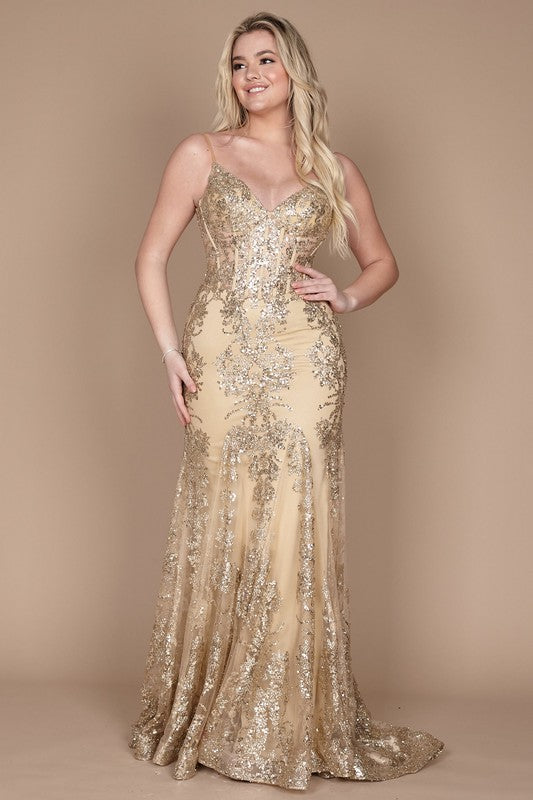 Gold Dylan & Davids Fitted Corset Long Formal Dress