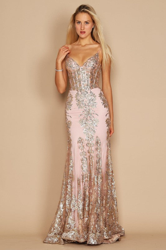 Rose Gold Dylan & Davids Fitted Corset Long Formal Dress