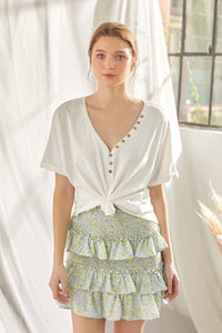 Ivory Slub Knit Jersey Top With Button Up Detail