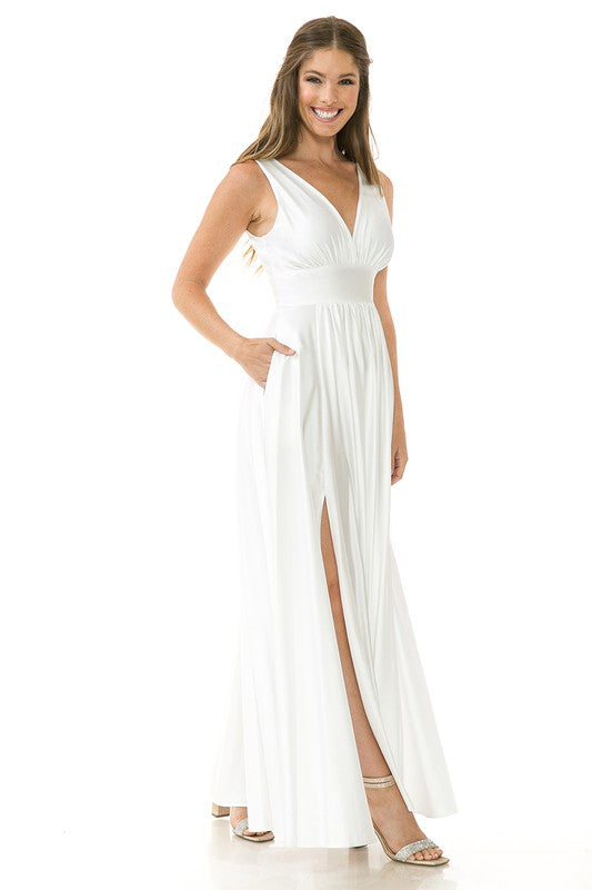 White Waist Ruched Shiny Pocketed Formal Dress